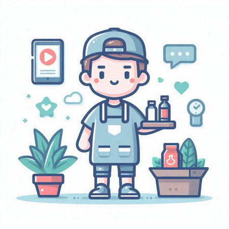 Vector illustration of a boy holding a tray of food in a flat styleのイラスト素材