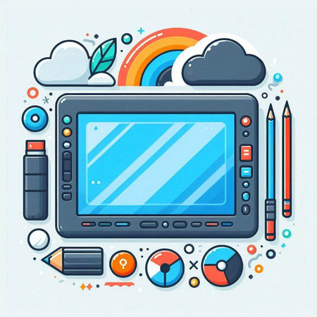 Colorful flat vector illustration of graphic tablet with different icons on blue background.のイラスト素材