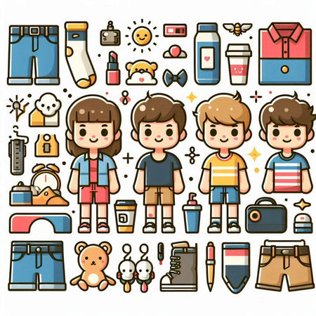 Cute boys and girls doodle icons set, vector illustrationのイラスト素材