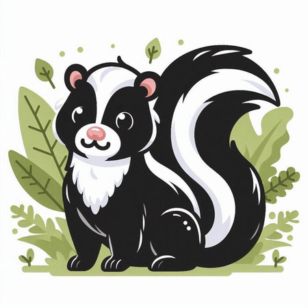 Vector illustration of a skunk on a background of green leaves.のイラスト素材