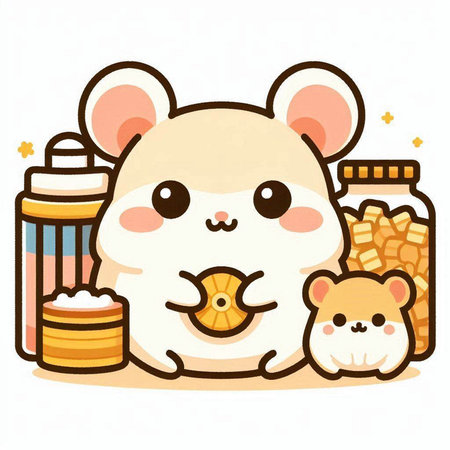 Cute cartoon hamster with a jar of honey and a bowl of foodのイラスト素材