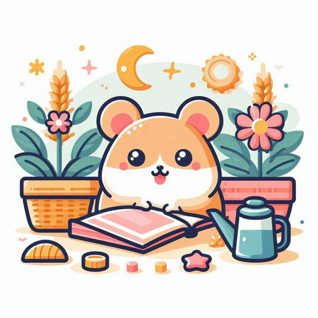 Cute hamster reading a book. Vector illustration in cartoon style.のイラスト素材