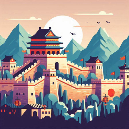 Medieval city. Travel to China. Vector illustration in flat styleのイラスト素材