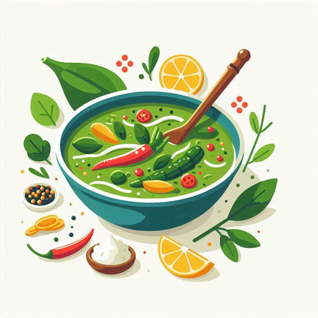 Spicy green curry soup in bowl with spoon and ingredients, vector illustrationのイラスト素材