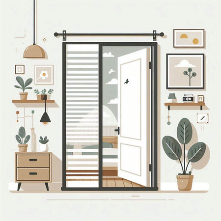 Interior of a room with doors and plants. Vector illustration.のイラスト素材