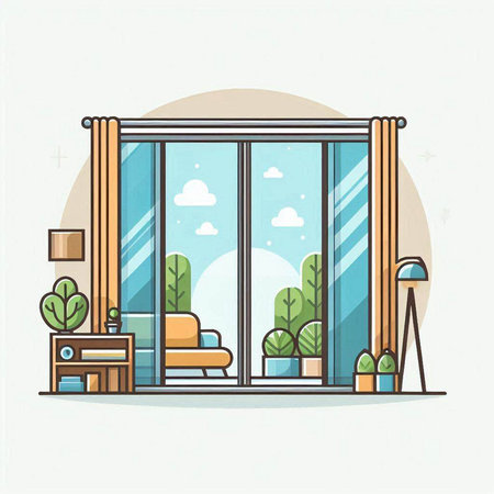 Living room interior with window and furniture. Flat style vector illustration.のイラスト素材