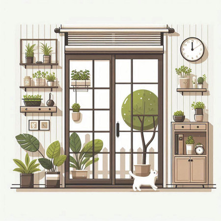 Vector illustration of a living room with a window, plants and a catのイラスト素材