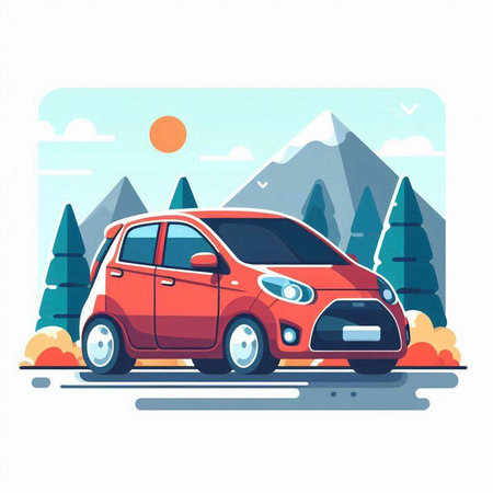 Red car on the road in the mountains. Flat vector illustration.のイラスト素材