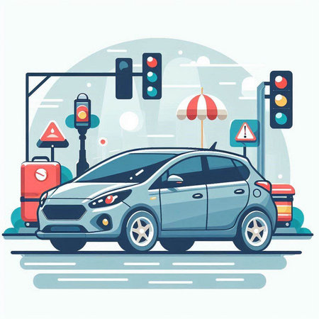 Car on the road with traffic lights. Vector illustration in flat styleのイラスト素材