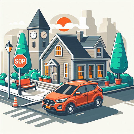 City street with cars, trees and houses. Vector illustration in retro style.のイラスト素材