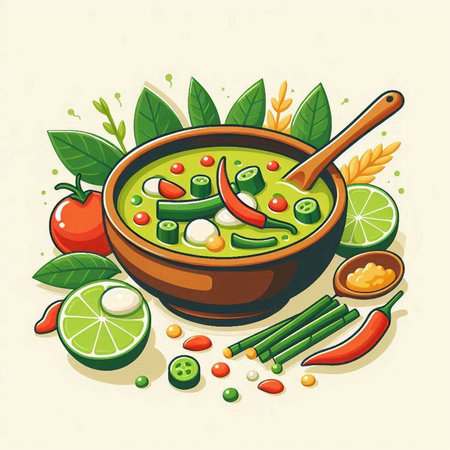 Spicy green curry in bowl with ingredients for cooking, vector illustrationのイラスト素材