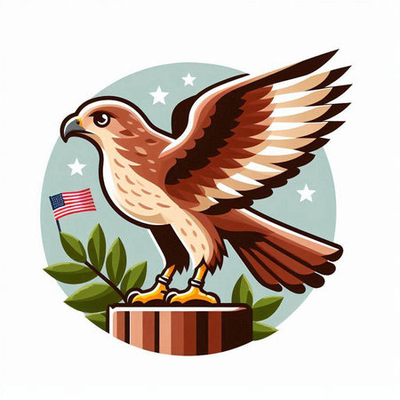 Illustration of a hawk with USA flag on top of a treeのイラスト素材