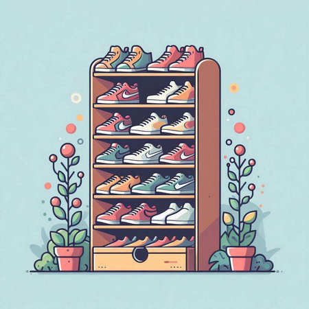 Vector illustration of shelves with sneakers in doodle style, flat design.のイラスト素材