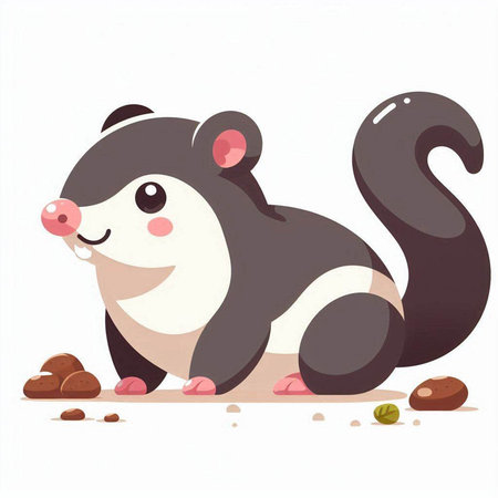 Cute cartoon skunk sitting on the ground and eating chocolate. Vector illustration.のイラスト素材