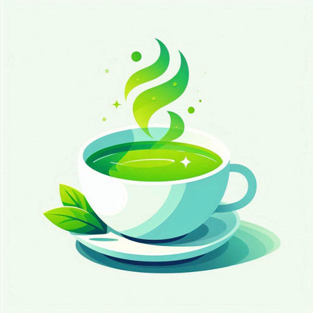 green tea in a cup on a green background. Vector illustration.のイラスト素材