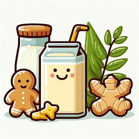 Ginger milk in glass bottle, ginger cookie and gingerbread man. Vector illustration.のイラスト素材