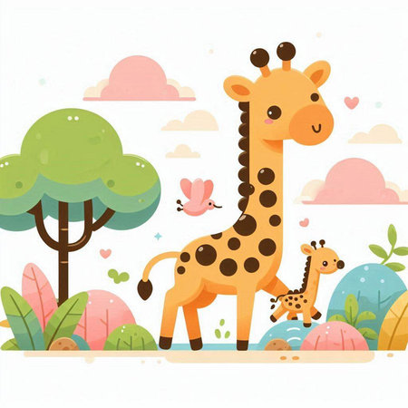 Cute giraffe and baby in the jungle. Vector illustration.のイラスト素材