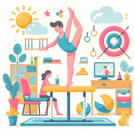 Yoga and Pilates at home, flat vector illustration. Woman practicing yoga.のイラスト素材