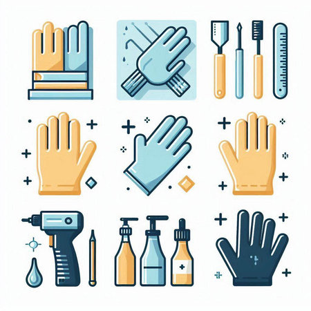 Vector set of cleaning tools icons. Hand sanitizer, gloves, screwdriver, sprayer.のイラスト素材