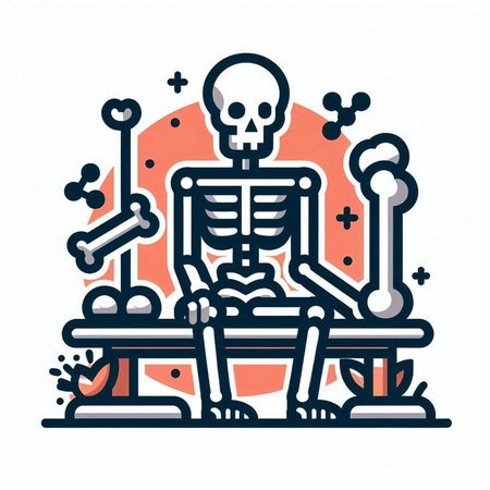 Skeleton sitting on the table. Vector illustration in flat style.のイラスト素材