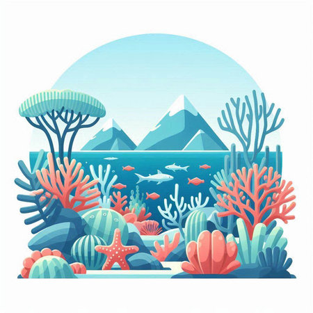 Coral reef landscape. Underwater world. Vector illustration in cartoon styleのイラスト素材