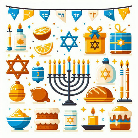 Jewish holiday Hanukkah flat icons set. Vector illustration.のイラスト素材