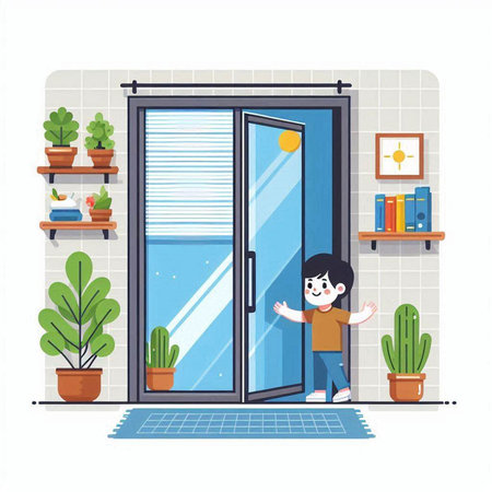 Kid coming out of the door. Vector illustration in flat style.のイラスト素材