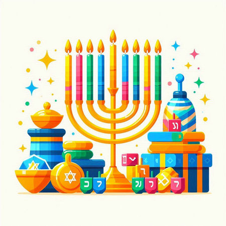 Jewish holiday Hanukkah with menorah, dreidels, gifts and candelabra. Vector illustrationのイラスト素材