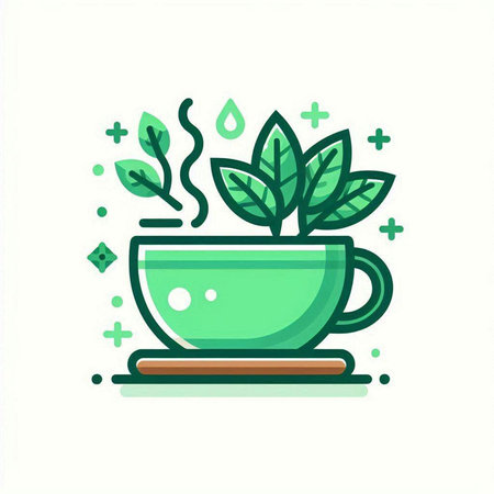 Green tea cup with leaves. Vector illustration in line art style.のイラスト素材