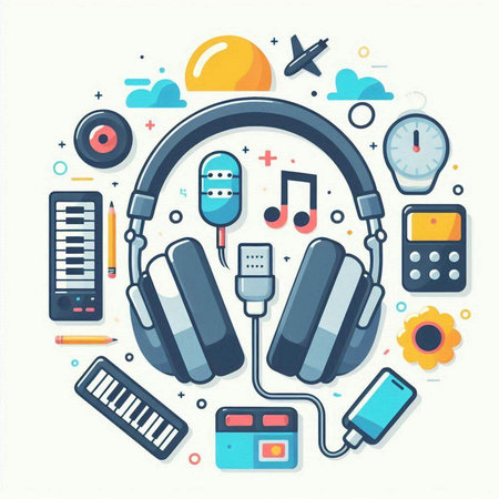 Colorful flat vector illustration of headphones, music player, synthesizer, keyboard, mouse, note, calculator, monitor, alarm clock and other electronic devicesのイラスト素材
