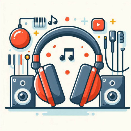 Vector illustration of headphones with music icons on white background in flat style.のイラスト素材