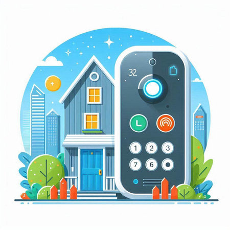 Smart home concept. Remote control on the background of the city. Vector illustrationのイラスト素材