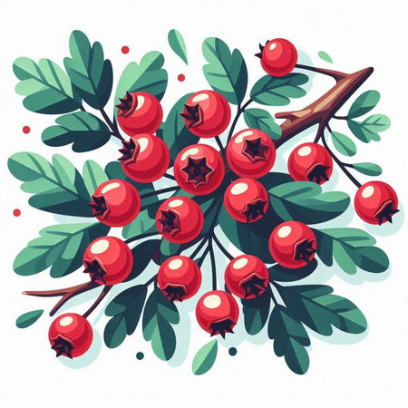 Hawthorn branch with red berries and green leaves. Vector illustration.のイラスト素材