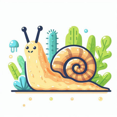 Cute cartoon snail in the jungle. Vector illustration in flat style.のイラスト素材