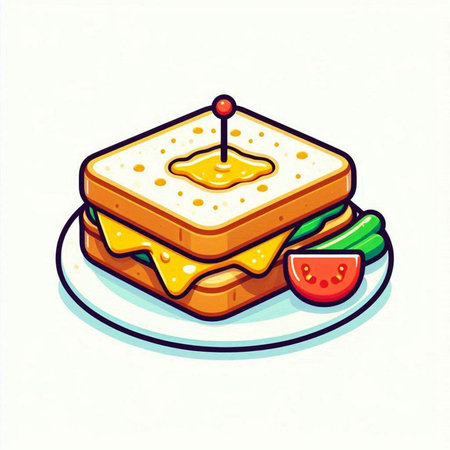 Sandwich with cheese and tomato on a plate. Vector illustration.のイラスト素材
