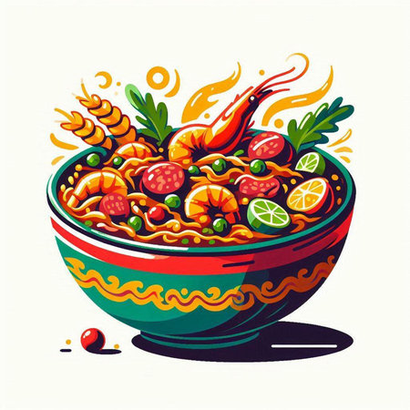 Illustration of a bowl of pasta with tomato sauce and olivesのイラスト素材