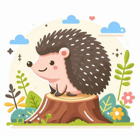 Cute hedgehog on a stump in the forest. Vector illustration.のイラスト素材