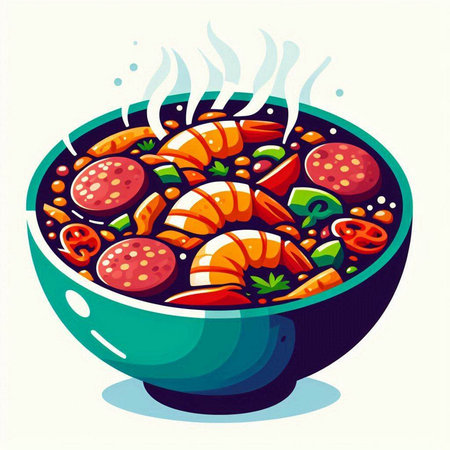 Vector illustration of a bowl of soup with shrimps and vegetablesのイラスト素材