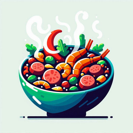 Vector illustration of a bowl of shrimps, vegetables and spicesのイラスト素材