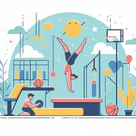 Young man doing gymnastic exercises on the playground, flat vector illustration.のイラスト素材