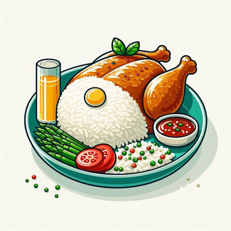 Illustration of a chicken with rice, asparagus and tomato juiceのイラスト素材