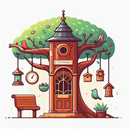 Wooden house with birds and birds. Vector illustration in cartoon styleのイラスト素材