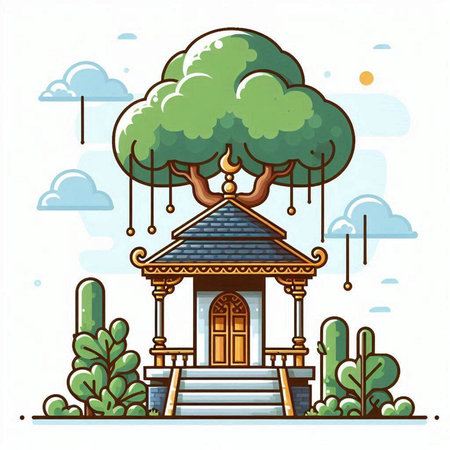 Garden pavilion with tree. Vector illustration in flat style.のイラスト素材