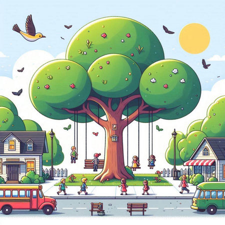 Park scene with people and big tree in cartoon style. Vector illustrationのイラスト素材