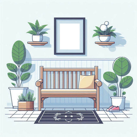 Interior of a living room with a bench and plants. Vector illustration.のイラスト素材