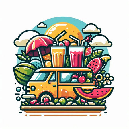 Colorful vector illustration of a food truck with fruits and juice.のイラスト素材