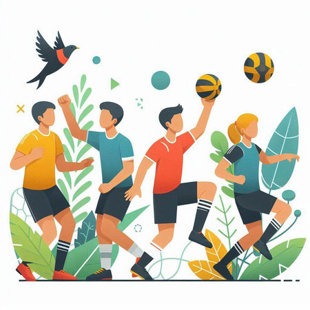 Soccer players in action. Vector illustration in flat cartoon style.のイラスト素材