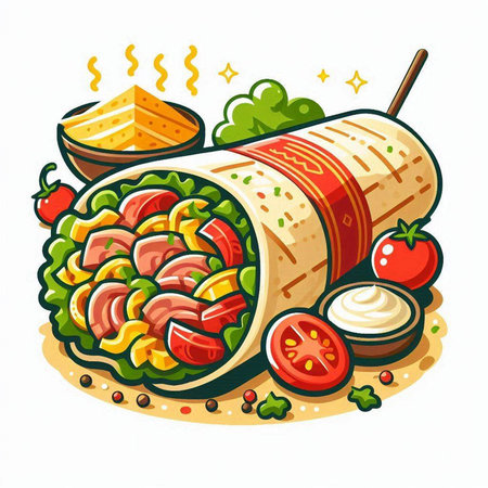 Burrito with meat, vegetables and sauce. Fast food vector illustration.のイラスト素材
