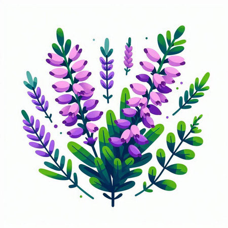 Flower composition with violet flowers and green leaves. Vector illustration.のイラスト素材