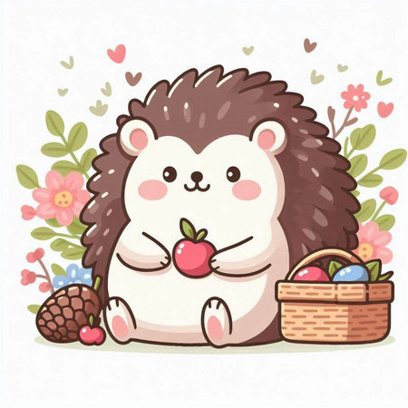 Cute hedgehog with basket of Easter eggs. Vector illustration.のイラスト素材